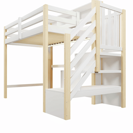 Beliche 90x200 cm - com luzes LED, grande espaço de arrumação, escada com prateleiras, sem colchão - Branco e natural