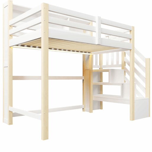 Beliche 90x200 cm - com luzes LED, grande espaço de arrumação, escada com prateleiras, sem colchão - Branco e natural