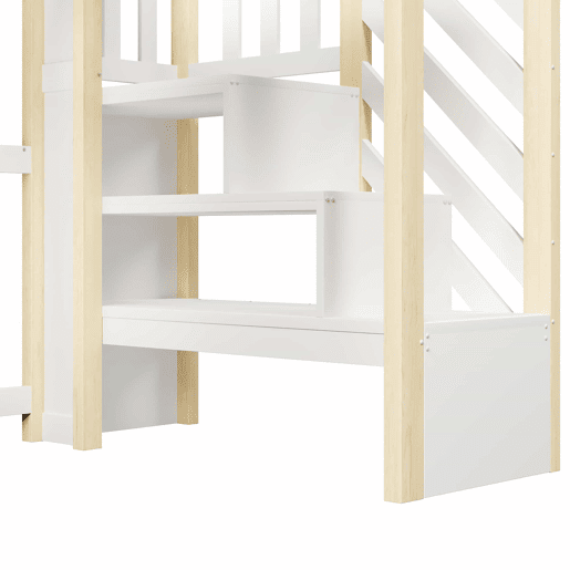 Beliche 90x200 cm - com luzes LED, grande espaço de arrumação, escada com prateleiras, sem colchão - Branco e natural
