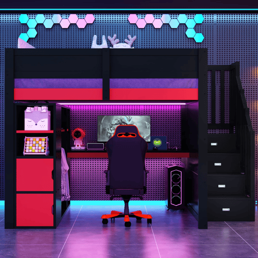 Cama alta para jogos 140x200 - secretária, arrumação, LED, USB - preto e vermelho