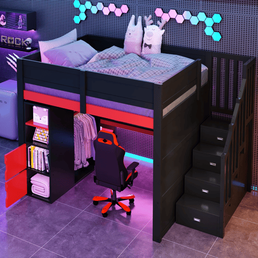 Cama alta para jogos 140x200 - secretária, arrumação, LED, USB - preto e vermelho