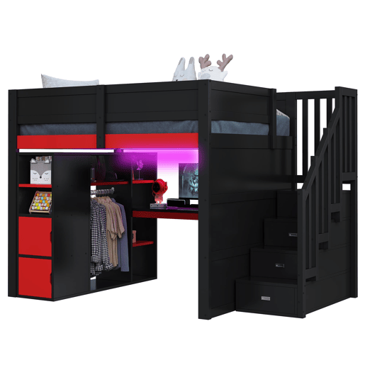 Cama alta para jogos 140x200 - secretária, arrumação, LED, USB - preto e vermelho