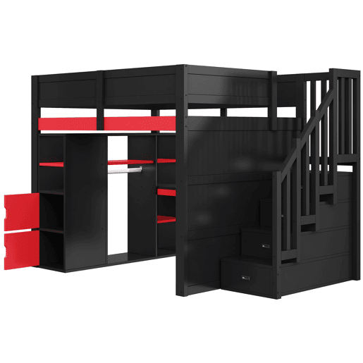 Cama alta para jogos 140x200 - secretária, arrumação, LED, USB - preto e vermelho