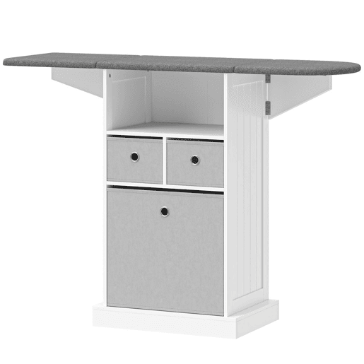 HOMCOM Móvel para Engomar Roupa com Rodas Tábua de Engomar Dobrável Móvel de Engomar com 3 Gavetas de Tecido Compartimento Aberto 121x37x89,5 cm Branco