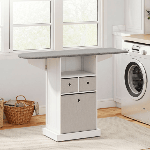 HOMCOM Móvel para Engomar Roupa com Rodas Tábua de Engomar Dobrável Móvel de Engomar com 3 Gavetas de Tecido Compartimento Aberto 121x37x89,5 cm Branco