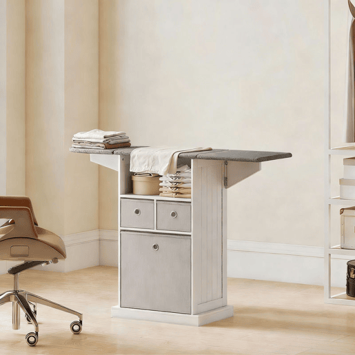 HOMCOM Móvel para Engomar Roupa com Rodas Tábua de Engomar Dobrável Móvel de Engomar com 3 Gavetas de Tecido Compartimento Aberto 121x37x89,5 cm Branco