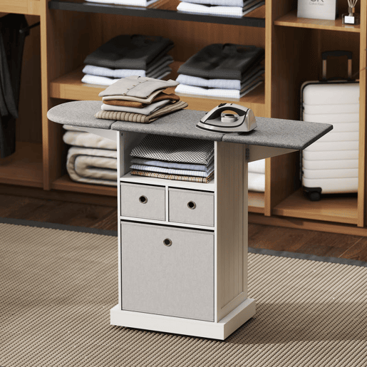 HOMCOM Móvel para Engomar Roupa com Rodas Tábua de Engomar Dobrável Móvel de Engomar com 3 Gavetas de Tecido Compartimento Aberto 121x37x89,5 cm Branco