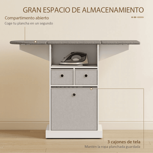 HOMCOM Móvel para Engomar Roupa com Rodas Tábua de Engomar Dobrável Móvel de Engomar com 3 Gavetas de Tecido Compartimento Aberto 121x37x89,5 cm Branco