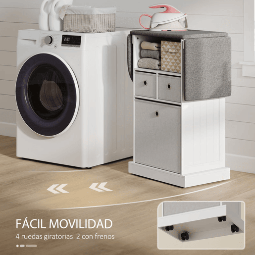 HOMCOM Móvel para Engomar Roupa com Rodas Tábua de Engomar Dobrável Móvel de Engomar com 3 Gavetas de Tecido Compartimento Aberto 121x37x89,5 cm Branco