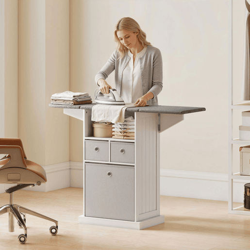 HOMCOM Móvel para Engomar Roupa com Rodas Tábua de Engomar Dobrável Móvel de Engomar com 3 Gavetas de Tecido Compartimento Aberto 121x37x89,5 cm Branco