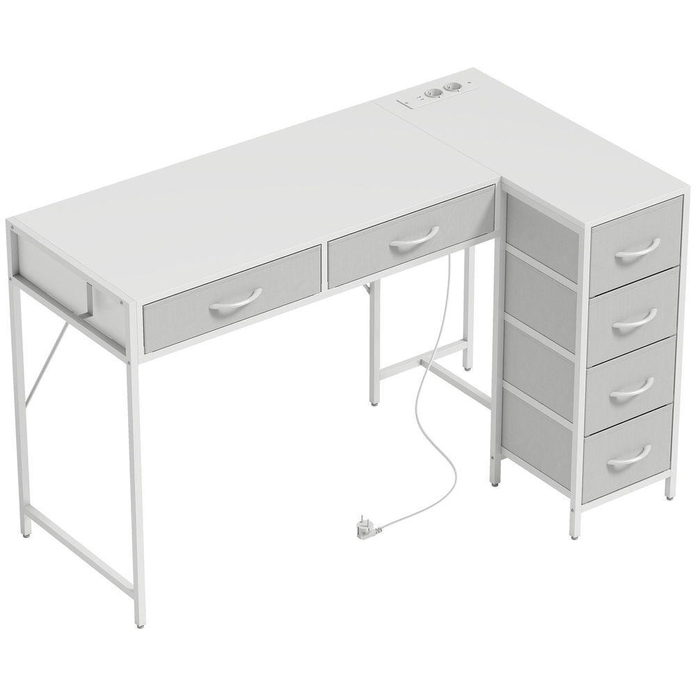 Homcom escritorio esquinero reversible con 6 cajones de tela, 126x48 cm, escritorio en l con toma de corriente, puerto de carga usb y usb-c, mesa en l para oficina en casa, estudio, blanco