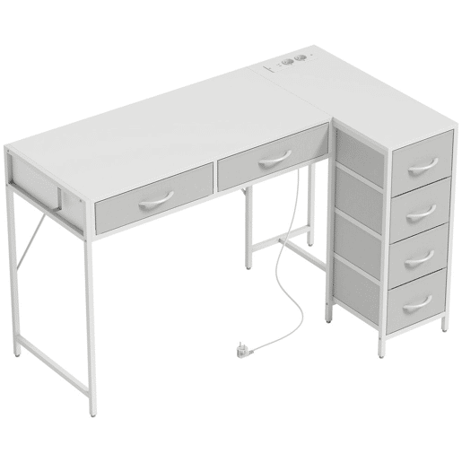 HOMCOM Secretária de Canto Reversível com 6 Gavetas de Tecido 126x48 cm Secretária em L com Tomada de Energia Porta USB e USB-C Mesa em L para Casa ou Escritório Branco