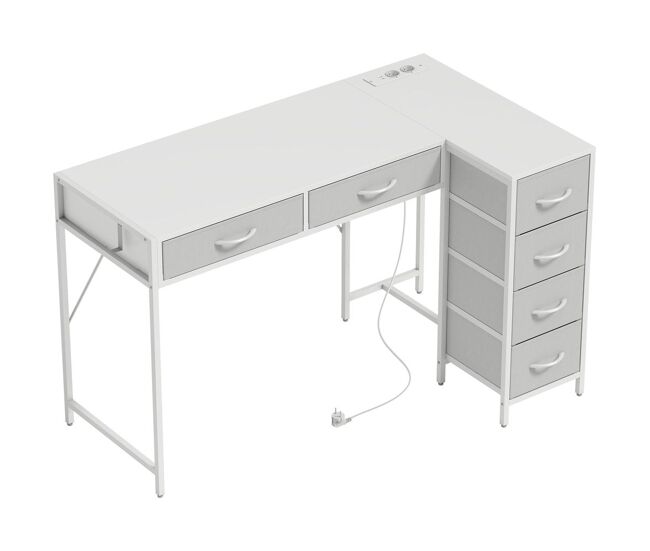 Homcom escritorio esquinero reversible con 6 cajones de tela, 126x48 cm, escritorio en l con toma de corriente, puerto de carga usb y usb-c, mesa en l para oficina en casa, estudio, blanco