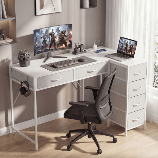 HOMCOM Secretária de Canto Reversível com 6 Gavetas de Tecido 126x48 cm Secretária em L com Tomada de Energia Porta USB e USB-C Mesa em L para Casa ou Escritório Branco