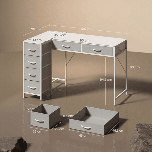 HOMCOM Secretária de Canto Reversível com 6 Gavetas de Tecido 126x48 cm Secretária em L com Tomada de Energia Porta USB e USB-C Mesa em L para Casa ou Escritório Branco