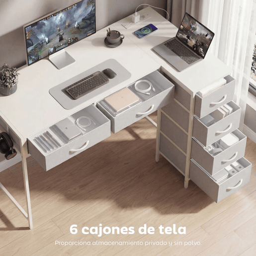 HOMCOM Secretária de Canto Reversível com 6 Gavetas de Tecido 126x48 cm Secretária em L com Tomada de Energia Porta USB e USB-C Mesa em L para Casa ou Escritório Branco