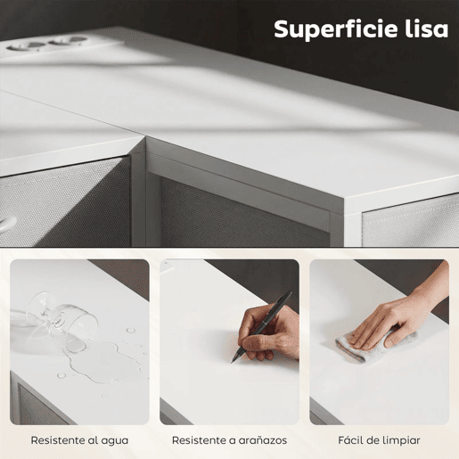 HOMCOM Secretária de Canto Reversível com 6 Gavetas de Tecido 126x48 cm Secretária em L com Tomada de Energia Porta USB e USB-C Mesa em L para Casa ou Escritório Branco