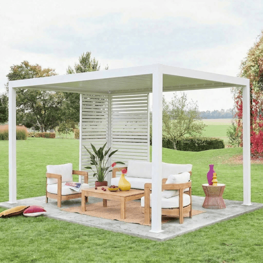 Pérgola bioclimática em alumínio 3x4m com 1 persiana 100cm + 1 persiana 130cm Branco - 392x301x257 cm