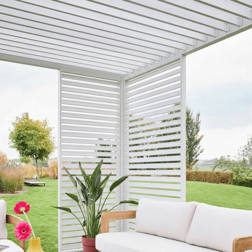 Pérgola bioclimática em alumínio 3x4m com 1 persiana 100cm + 1 persiana 130cm Branco - 392x301x257 cm