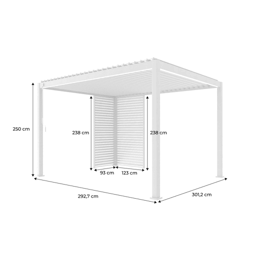 Pérgola bioclimática em alumínio 3x4m com 1 persiana 100cm + 1 persiana 130cm Branco - 392x301x257 cm
