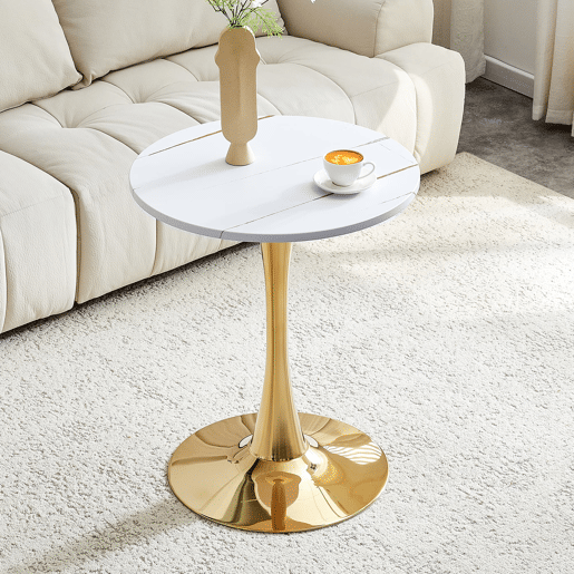 Mesa auxiliar redonda 60 cm - MDF termoformado, pé de apoio dourado - Branco+Dourado