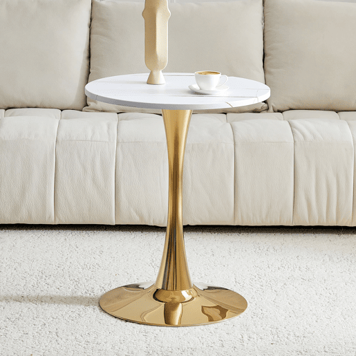 Mesa auxiliar redonda 60 cm - MDF termoformado, pé de apoio dourado - Branco+Dourado