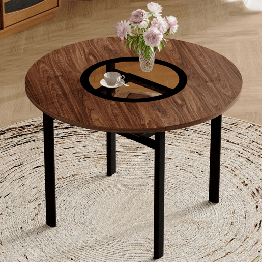 Mesa redonda de 100 cm - design minimalista com vidro e estrutura metálica - madeira castanha
