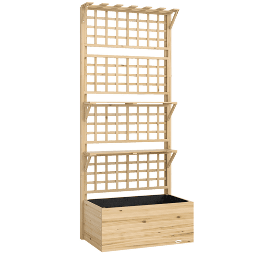 Outsunny Jardineira com Treliça e Teto em Madeira, Jardineira Exterior Grande para Plantas Trepadeiras, com 2 Prateleiras, Drenagem e Forro, Floreira Elevada para Pátio, Terraço, 76x43,5x177 cm, Natural