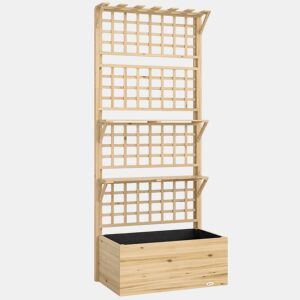 Outsunny Jardineira com Treliça e Teto em Madeira, Jardineira Exterior Grande para Plantas Trepadeiras, com 2 Prateleiras, Drenagem e Forro, Floreira Elevada para Pátio, Terraço, 76x43,5x177 cm, Natural