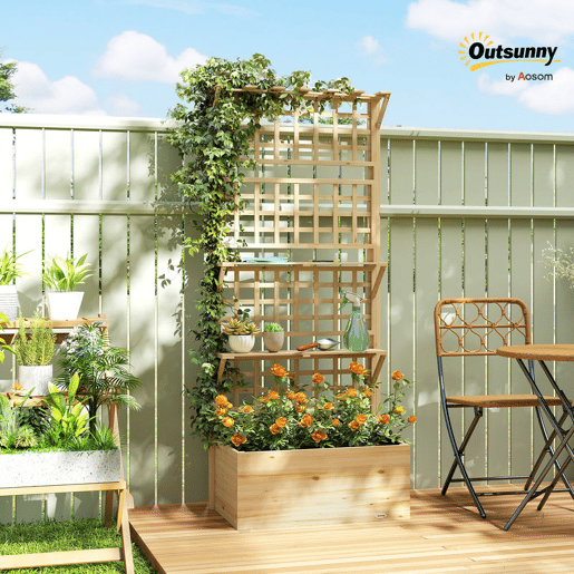 Outsunny Jardineira com Treliça e Teto em Madeira, Jardineira Exterior Grande para Plantas Trepadeiras, com 2 Prateleiras, Drenagem e Forro, Floreira Elevada para Pátio, Terraço, 76x43,5x177 cm, Natural