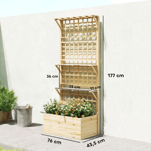 Outsunny Jardineira com Treliça e Teto em Madeira, Jardineira Exterior Grande para Plantas Trepadeiras, com 2 Prateleiras, Drenagem e Forro, Floreira Elevada para Pátio, Terraço, 76x43,5x177 cm, Natural