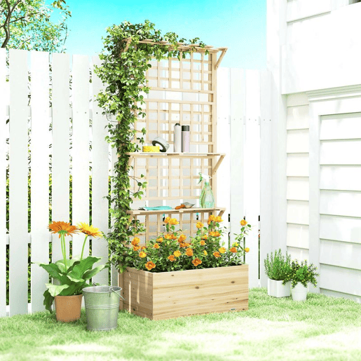 Outsunny Jardineira com Treliça e Teto em Madeira, Jardineira Exterior Grande para Plantas Trepadeiras, com 2 Prateleiras, Drenagem e Forro, Floreira Elevada para Pátio, Terraço, 76x43,5x177 cm, Natural