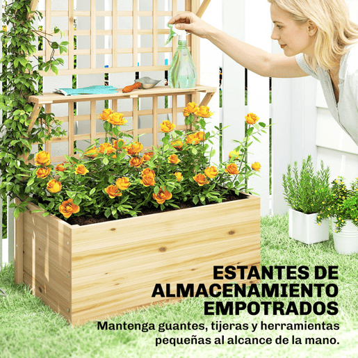 Outsunny Jardineira com Treliça e Teto em Madeira, Jardineira Exterior Grande para Plantas Trepadeiras, com 2 Prateleiras, Drenagem e Forro, Floreira Elevada para Pátio, Terraço, 76x43,5x177 cm, Natural