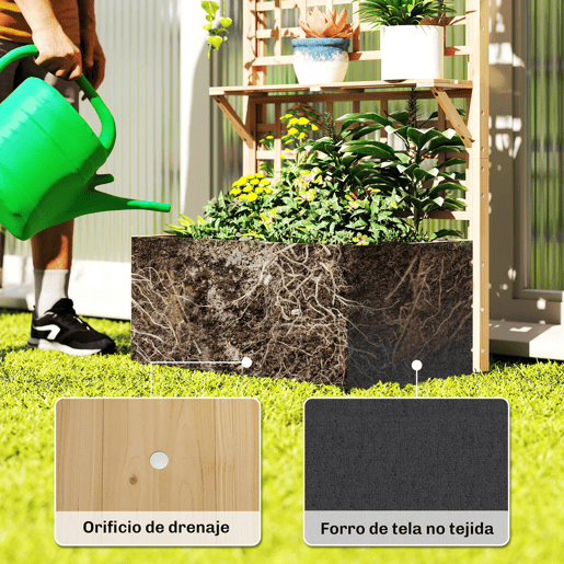 Outsunny Jardineira com Treliça e Teto em Madeira, Jardineira Exterior Grande para Plantas Trepadeiras, com 2 Prateleiras, Drenagem e Forro, Floreira Elevada para Pátio, Terraço, 76x43,5x177 cm, Natural