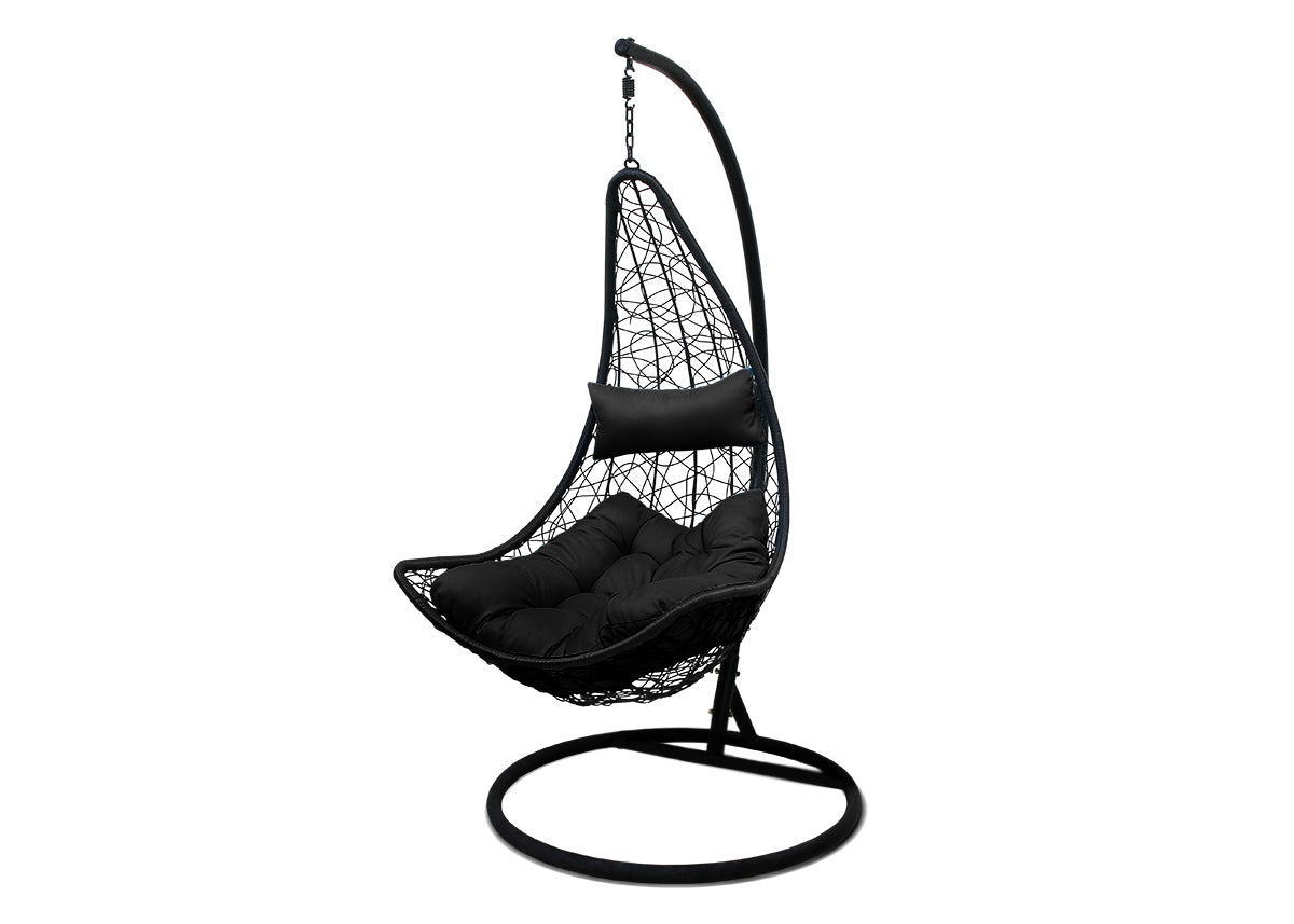 Silla colgante mecedora once. muebles de jardin o terraza negro, cojin negro