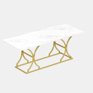 Mesa de jantar 200×80 cm - Para 8-10 pessoas, design moderno com efeito mármore branco, pernas metálicas douradas ajustáveis