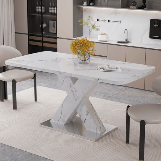 Mesa de jantar extensível 120-160 cm - Moderna, tampo em mármore branco + pernas em MDF X metal - Branco