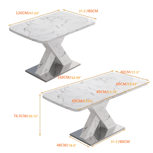 Mesa de jantar extensível 120-160 cm - Moderna, tampo em mármore branco + pernas em MDF X metal - Branco