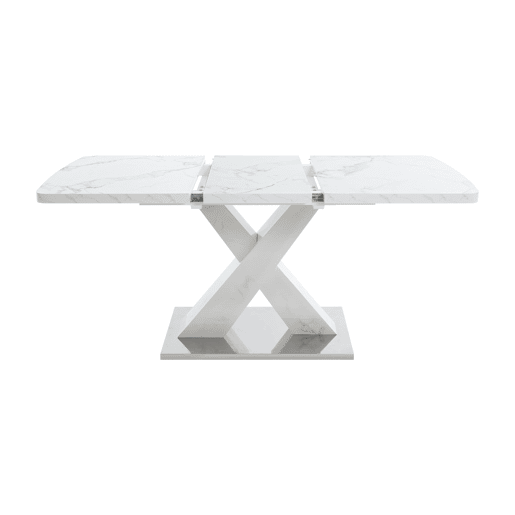 Mesa de jantar extensível 120-160 cm - Moderna, tampo em mármore branco + pernas em MDF X metal - Branco