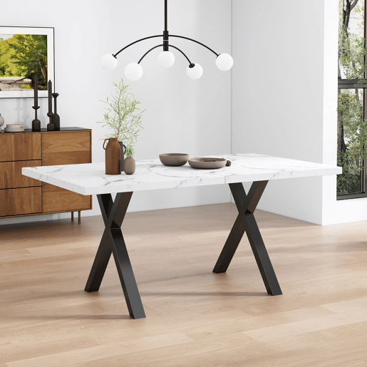 Mesa de jantar 140x80x76 cm - design moderno com pernas cruzadas - mármore preto e branco