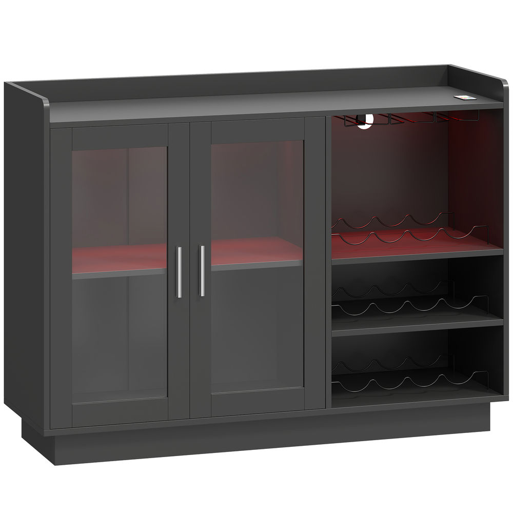 Homcom mueble de bar, armario buffet para vinos con luces led rgb y botellero para 12 botellas, aparador de cocina con estante ajustable y puertas de cierre suave, para comedor, salón, negro