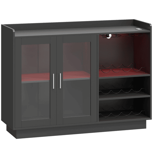 HOMCOM Móvel de Bar Armário Buffet para Vinhos com Luzes LED RGB, Porta-Garrafas para 12 Garrafas, Aparador de Cozinha com Prateleira Ajustável e Portas com Fecho Suave, Preto