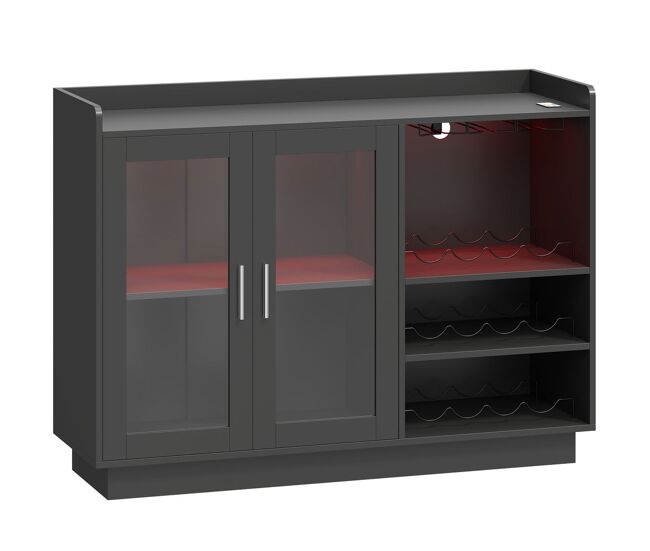 Homcom mueble de bar, armario buffet para vinos con luces led rgb y botellero para 12 botellas, aparador de cocina con estante ajustable y puertas de cierre suave, para comedor, salón, negro