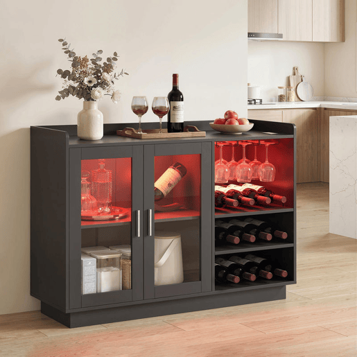 HOMCOM Móvel de Bar Armário Buffet para Vinhos com Luzes LED RGB, Porta-Garrafas para 12 Garrafas, Aparador de Cozinha com Prateleira Ajustável e Portas com Fecho Suave, Preto