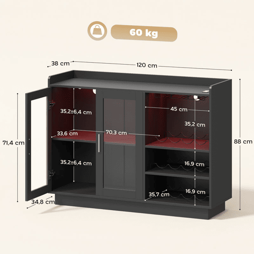 HOMCOM Móvel de Bar Armário Buffet para Vinhos com Luzes LED RGB, Porta-Garrafas para 12 Garrafas, Aparador de Cozinha com Prateleira Ajustável e Portas com Fecho Suave, Preto