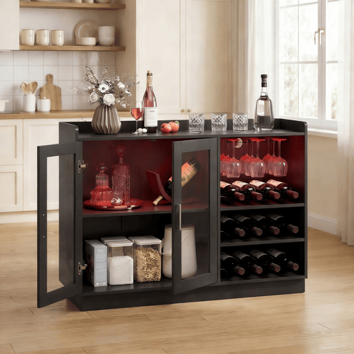 HOMCOM Móvel de Bar Armário Buffet para Vinhos com Luzes LED RGB, Porta-Garrafas para 12 Garrafas, Aparador de Cozinha com Prateleira Ajustável e Portas com Fecho Suave, Preto
