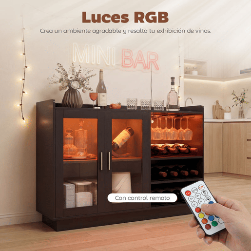 HOMCOM Móvel de Bar Armário Buffet para Vinhos com Luzes LED RGB, Porta-Garrafas para 12 Garrafas, Aparador de Cozinha com Prateleira Ajustável e Portas com Fecho Suave, Preto