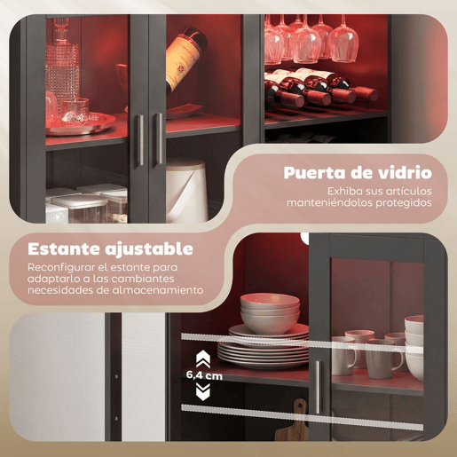 HOMCOM Móvel de Bar Armário Buffet para Vinhos com Luzes LED RGB, Porta-Garrafas para 12 Garrafas, Aparador de Cozinha com Prateleira Ajustável e Portas com Fecho Suave, Preto