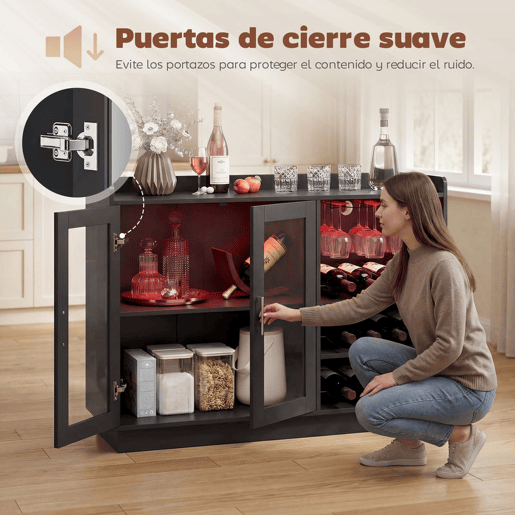 HOMCOM Móvel de Bar Armário Buffet para Vinhos com Luzes LED RGB, Porta-Garrafas para 12 Garrafas, Aparador de Cozinha com Prateleira Ajustável e Portas com Fecho Suave, Preto