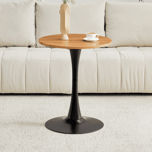 Mesa auxiliar redonda 60 cm - MDF com acabamento em madeira, termoformada, pé preto - PretoMadeira
